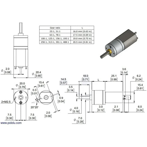 125:1 Metal Gearmotor 20Dx44L 6V CB with Extended Shaft – High Torque Mini DC Motor