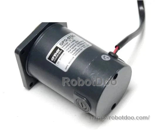 Close alternate view of a cylindrical DC motor showing its front plate, mounting holes, wires, and watermark