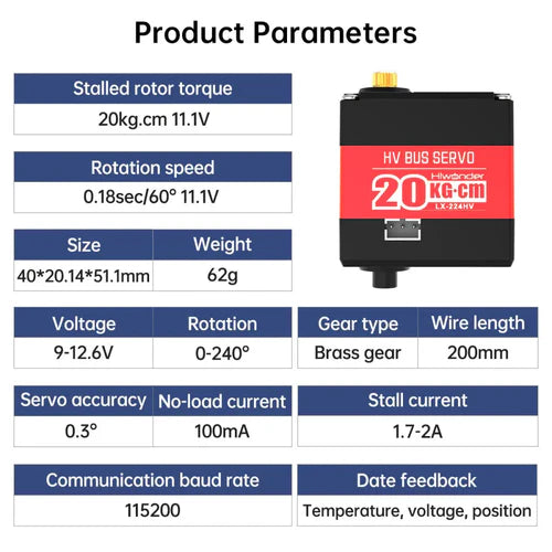 Hiwonder LX-224HV Three Connector Bus High Voltage Digital Servo – 20kg·cm Torque, 11.1V, Metal Gear, Serial Bus Control
