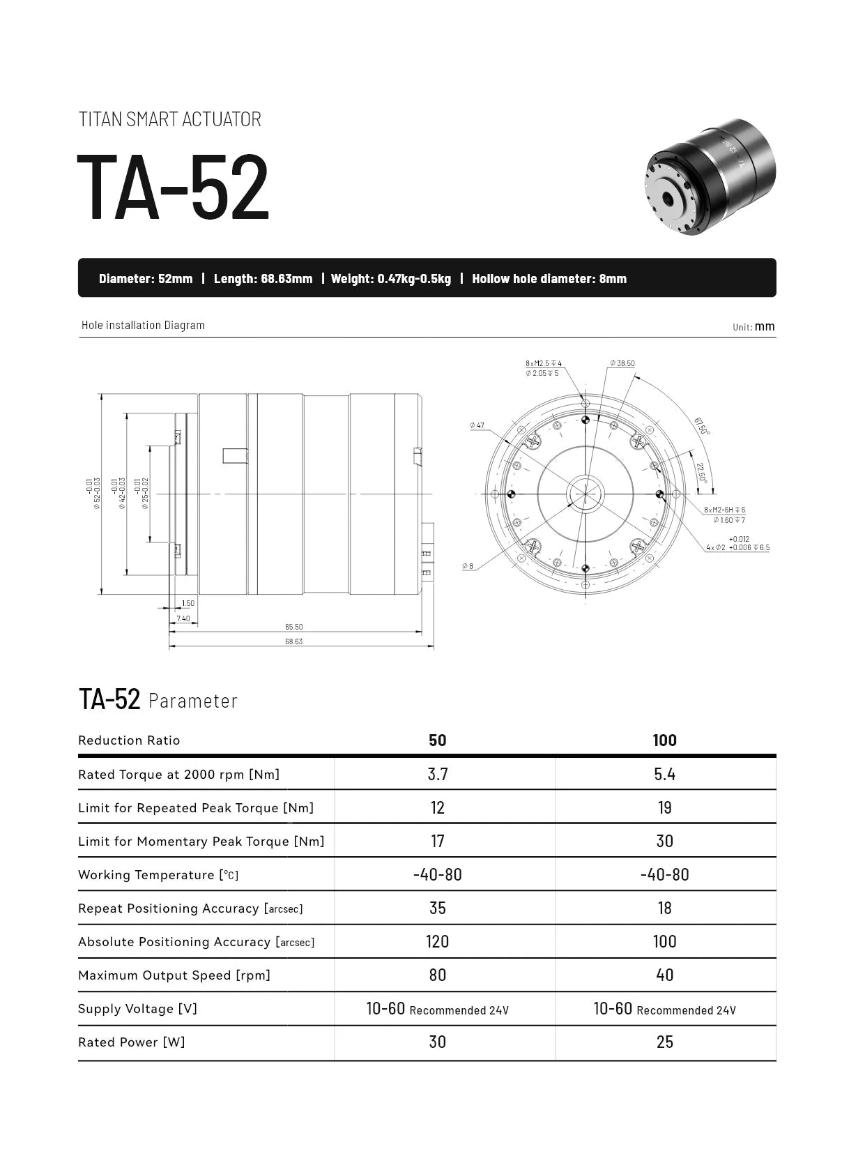 Sito TA-52 Titan Smart Actuator – 52mm Integrated Harmonic Drive Servo Module (Hollow Shaft)
