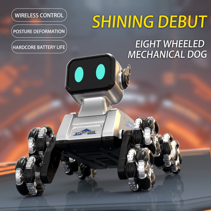 Eight-Wheeled Remote Control Stunt Mechanical Dog w/ 2.4GHz Dual-Mode, LED Lights, Music & Mecanum Wheels – Intelligent Robot Toy for Kids