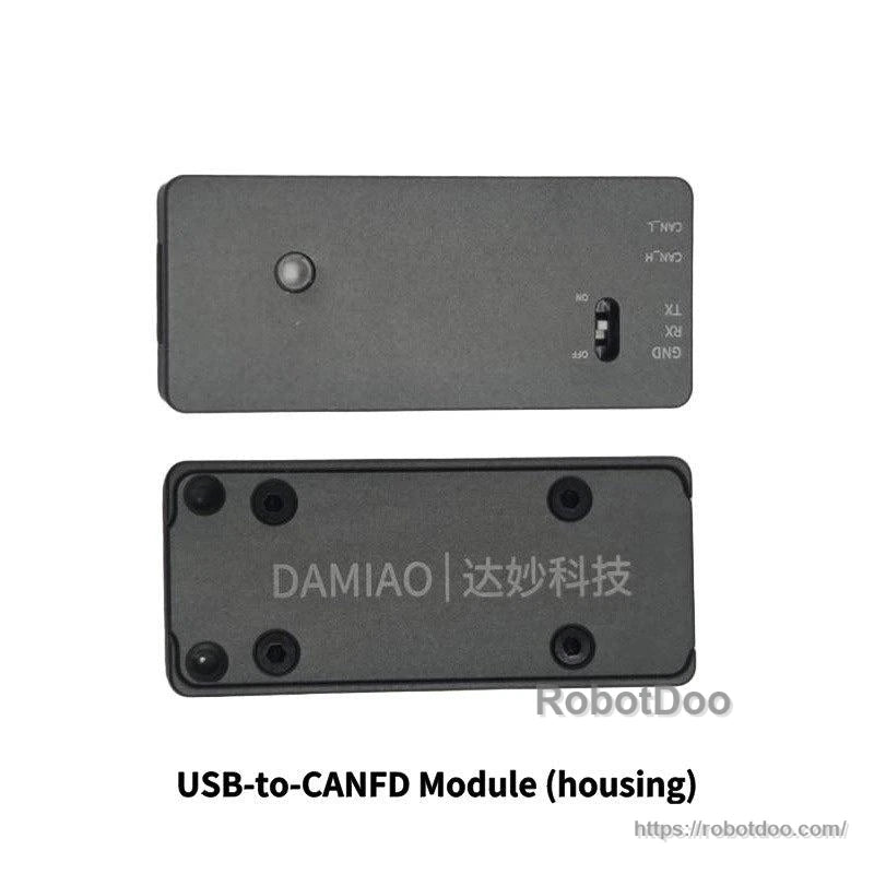 USB-to-CANFD module housing, top and bottom views with port cutout and DAMIAO branding