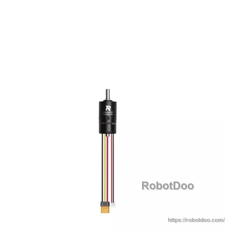 M2006 P36 motor with long 4-wire cable and yellow connector, full length view on white background