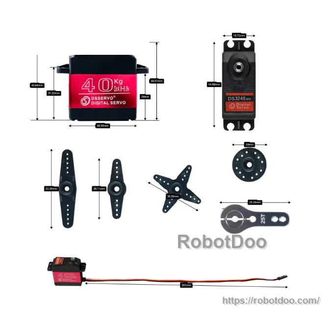 DS3240 servo motor dimensional diagram with mounting layout, control horns and cable measurements