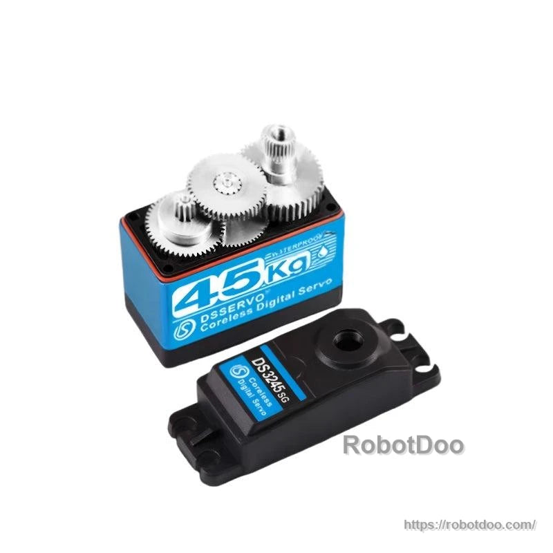 Exploded view of servo showing internal metal gear set and separated top cover and case labeled DS3245SG