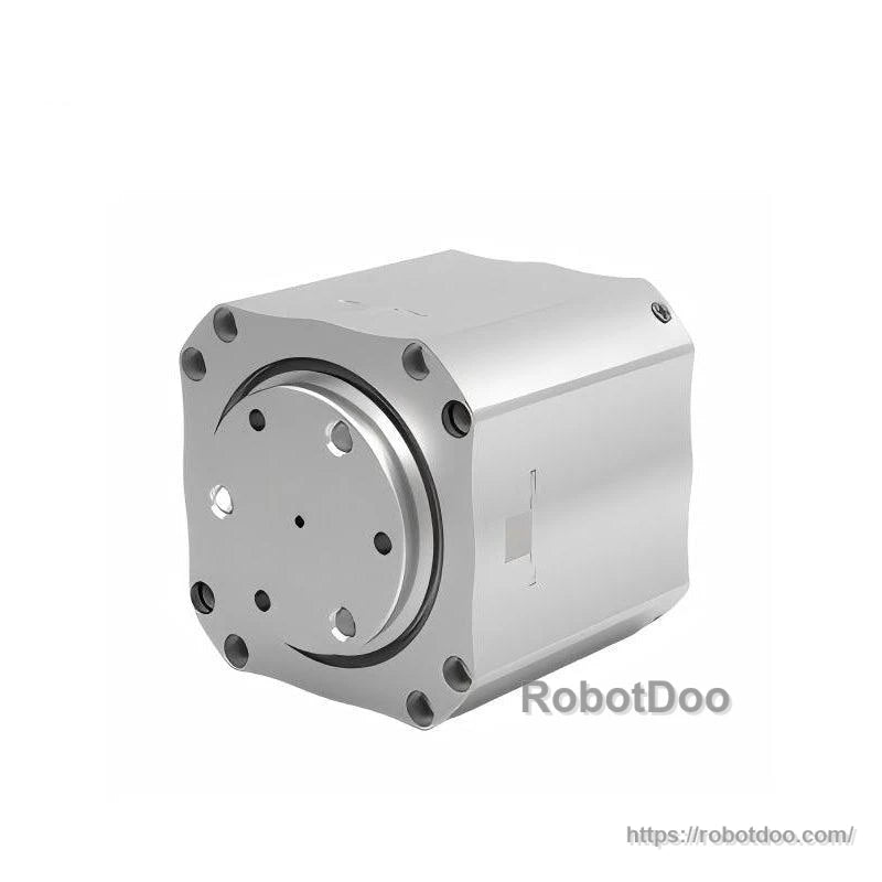 Angled view of robot joint motor module with circular mounting plate and bolt holes (RobotDoo watermark)