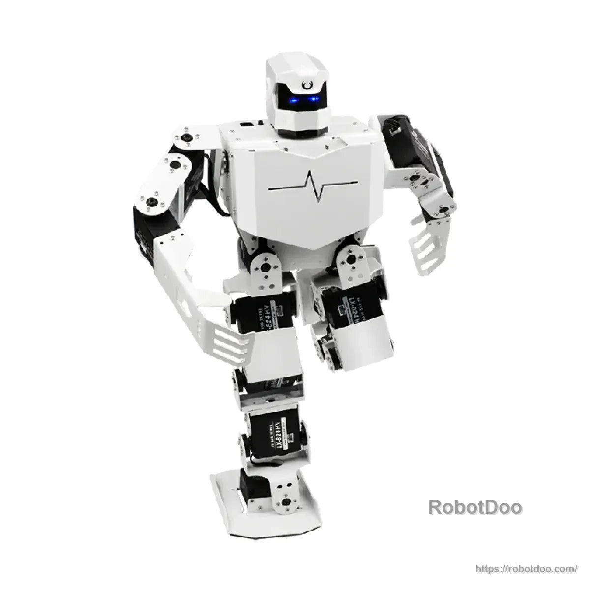 White H5S humanoid robot performing a one-leg dance pose with illuminated blue eyes