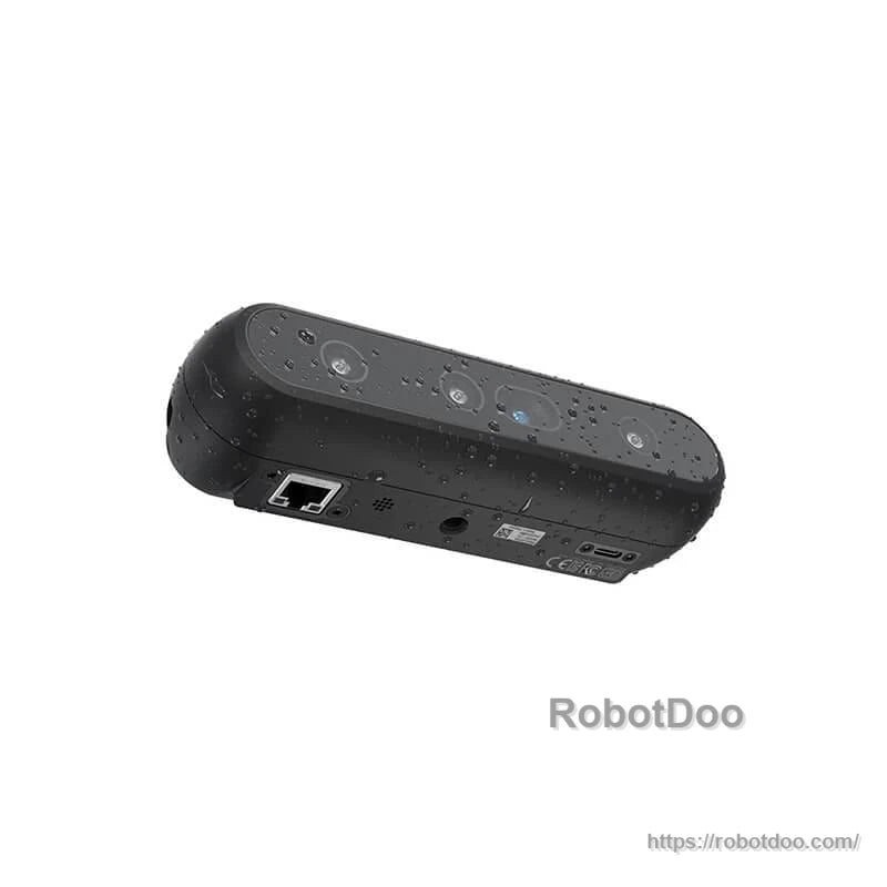 Intel RealSense D555 camera rear angle with Ethernet port side visible, RobotDoo watermark on white