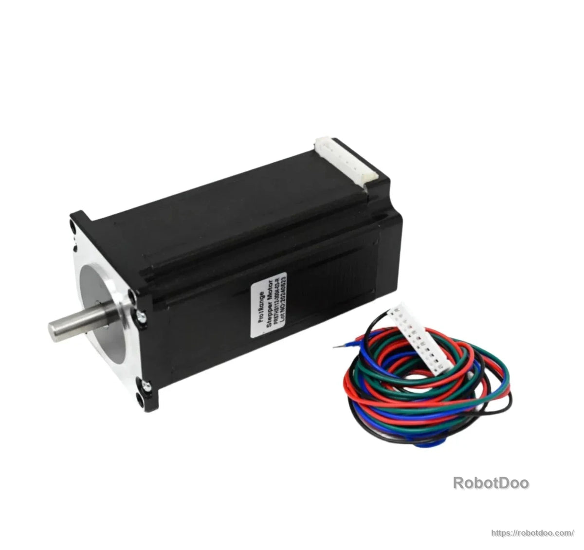 Black stepper motor with D-type shaft, top connector, multicolor lead wires, and RobotDoo watermark