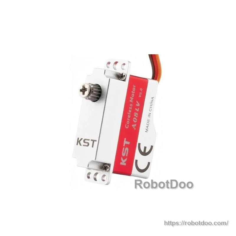 Top-down view of KST micro servo showing output shaft spline, mounting ears and case screws