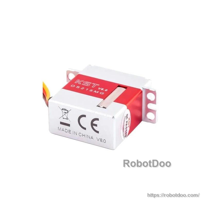 Underside view of KST DS215MG V8.0 servo showing CE mark, crossed-bin symbol, and Made in China