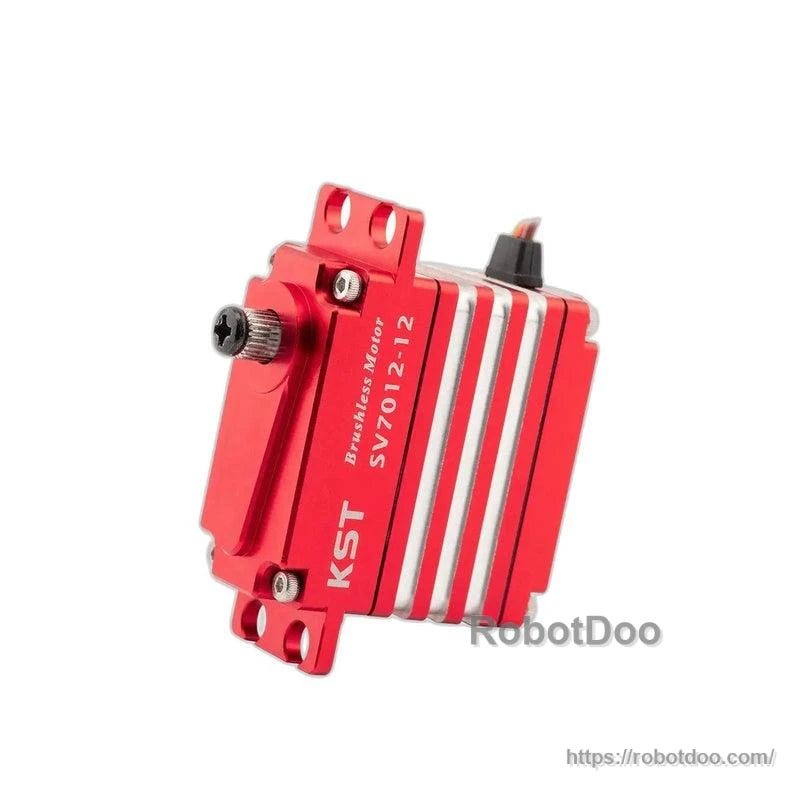 Angled front view of KST SV7012-12 servo showing output shaft/spline and mounting tabs