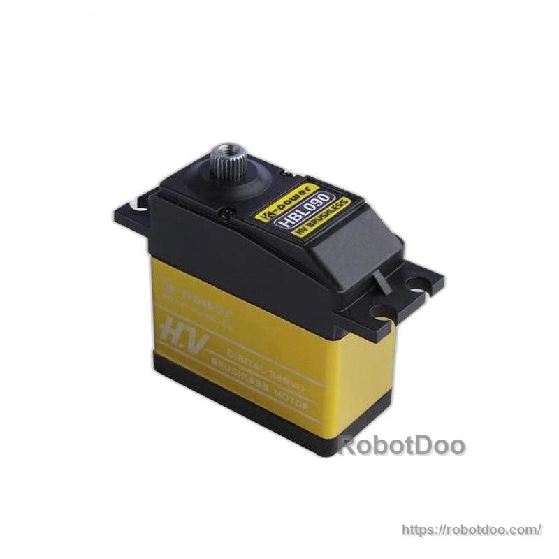 Angled view of gold HV digital servo motor housing with HBL090 label and metal output spline
