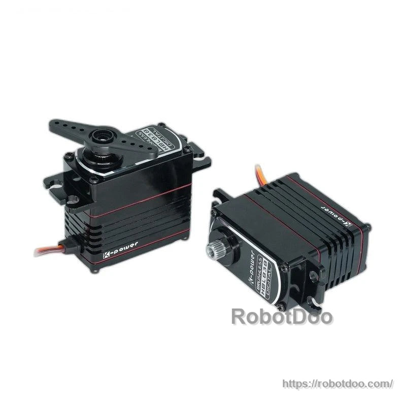 Two-view set of the servo motor showing horn side and exposed output shaft on white background