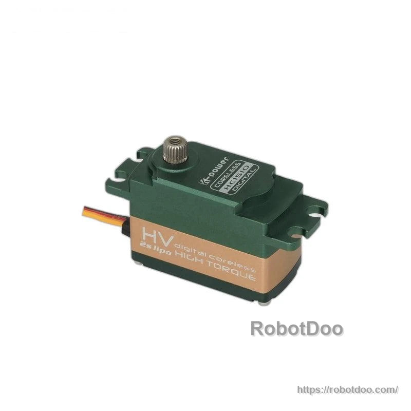 Side/top view showing HV High Torque label, mounting tabs and cable exit (RobotDoo watermark)