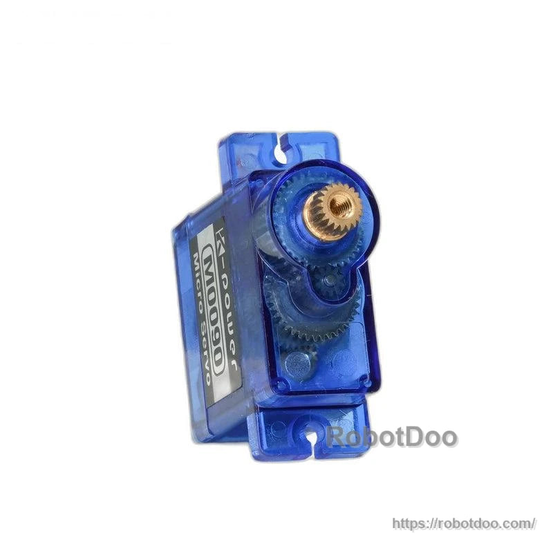 Side angle view of transparent blue micro servo showing brass output shaft, gears, and mounting tabs