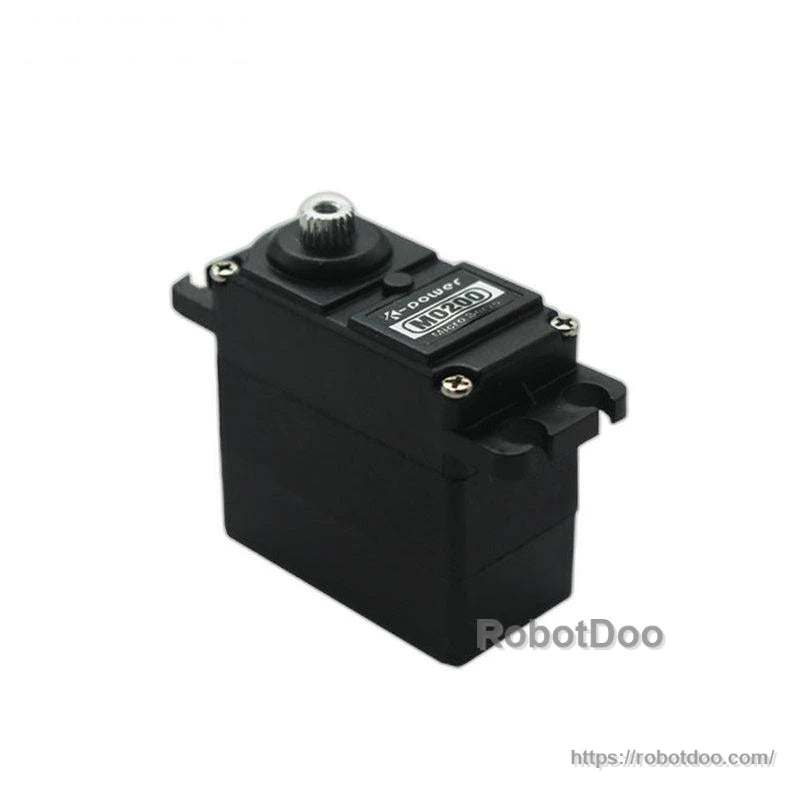 Kpower M0200 servo motor angled view showing mounting bracket and output shaft spline