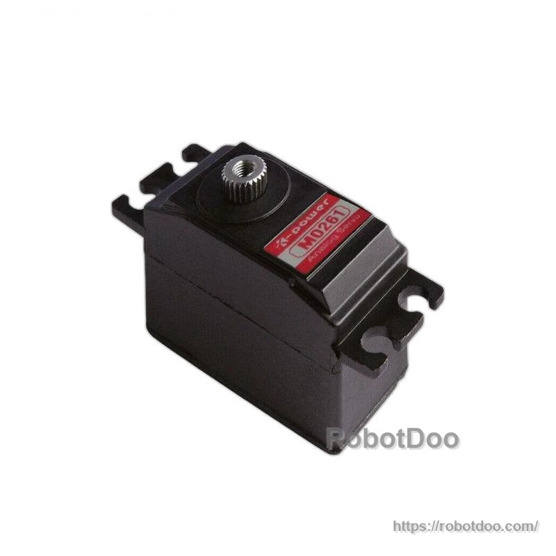 Kpower M0261 servo motor top view with metal spline gear and model label on case