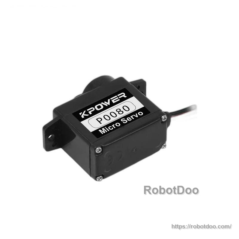 Rear/bottom view of P0080 micro servo showing case screws, mounting tabs, and cable exit