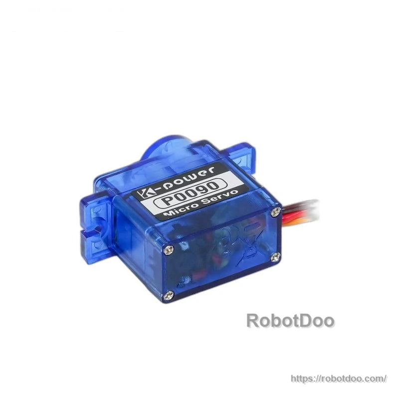 Rear housing view of blue micro servo with four corner screws and servo lead exiting the case