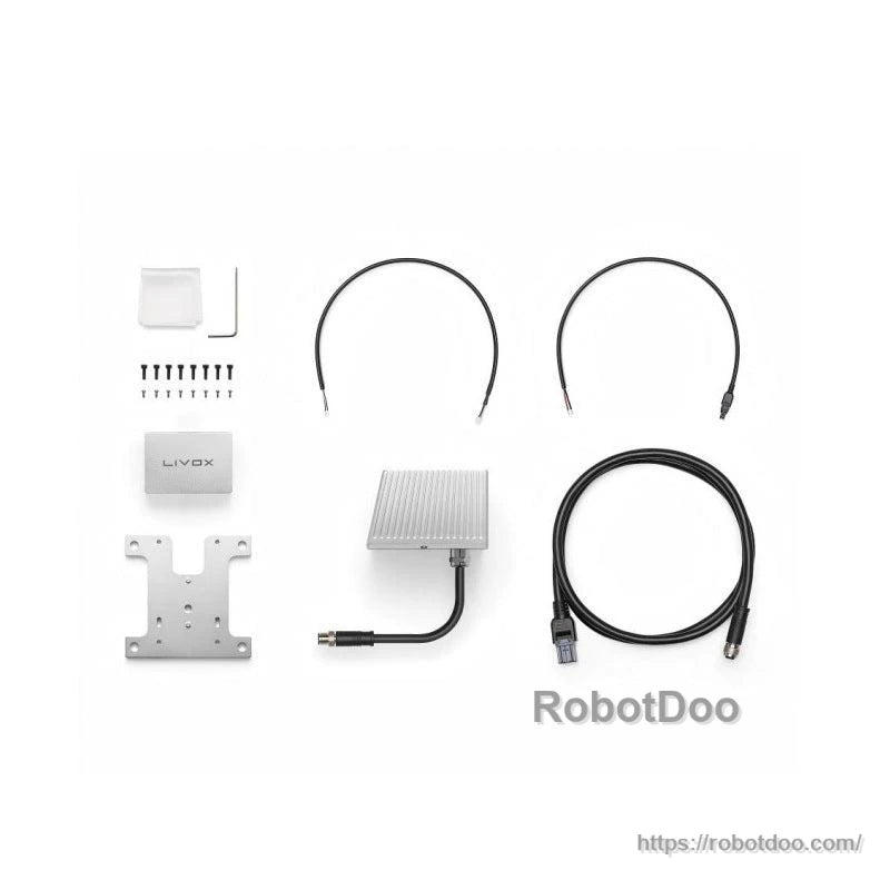In-the-box contents: MID-70 sensor module, mounting bracket, cables, screws, and small accessories