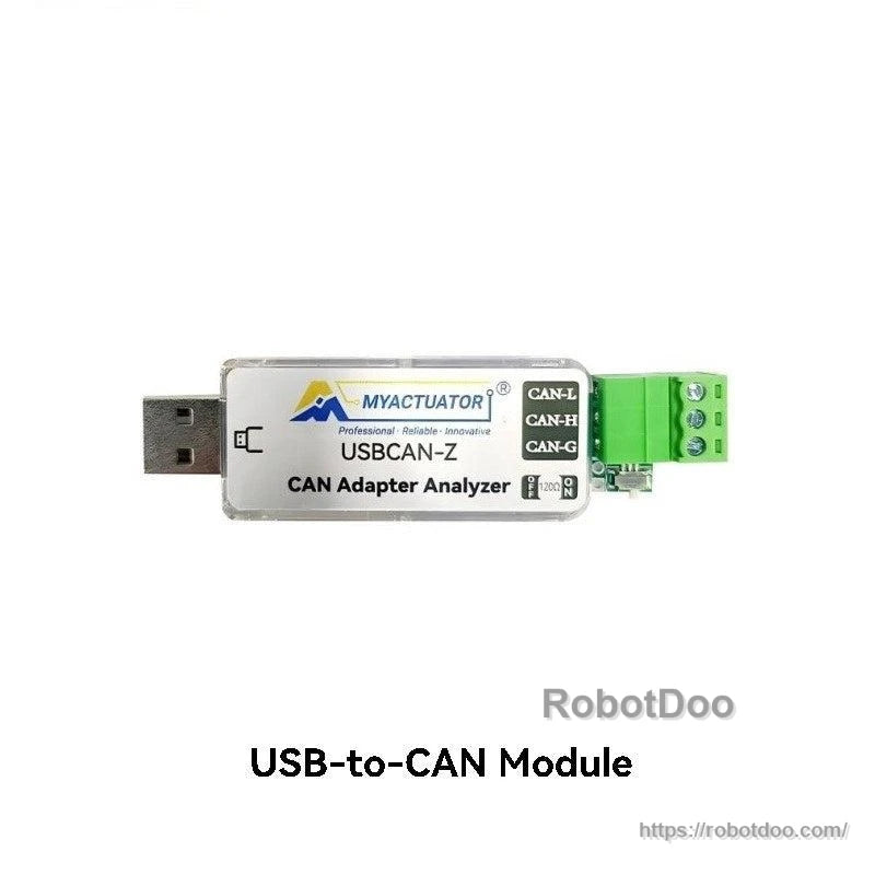 MyActuator USBCAN-Z USB-to-CAN module with green screw terminal labeled CAN-H, CAN-L, CAN-G