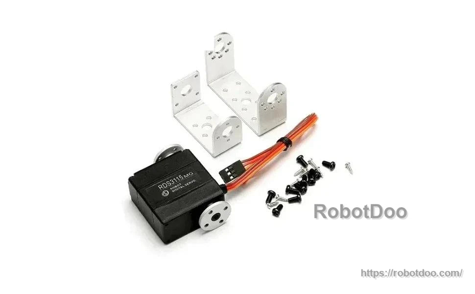 RDS3115 servo motor kit with metal brackets, output horn, screws, and 3-wire connector