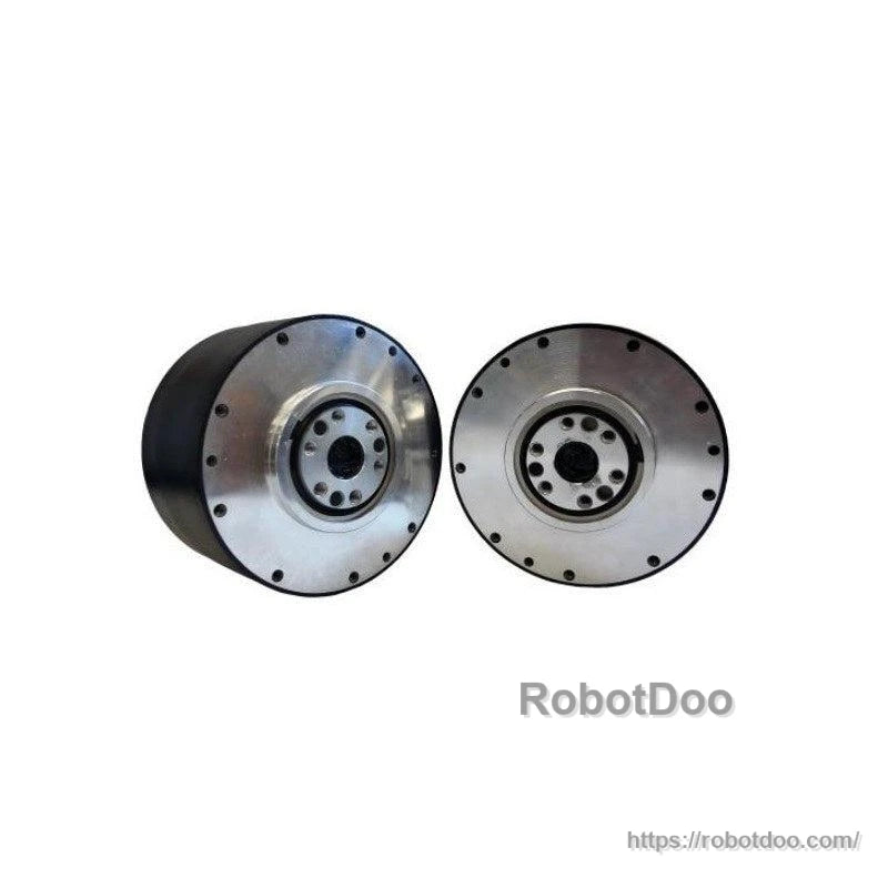 Two motor units shown side-by-side, angled view and face-on view of the mounting flange