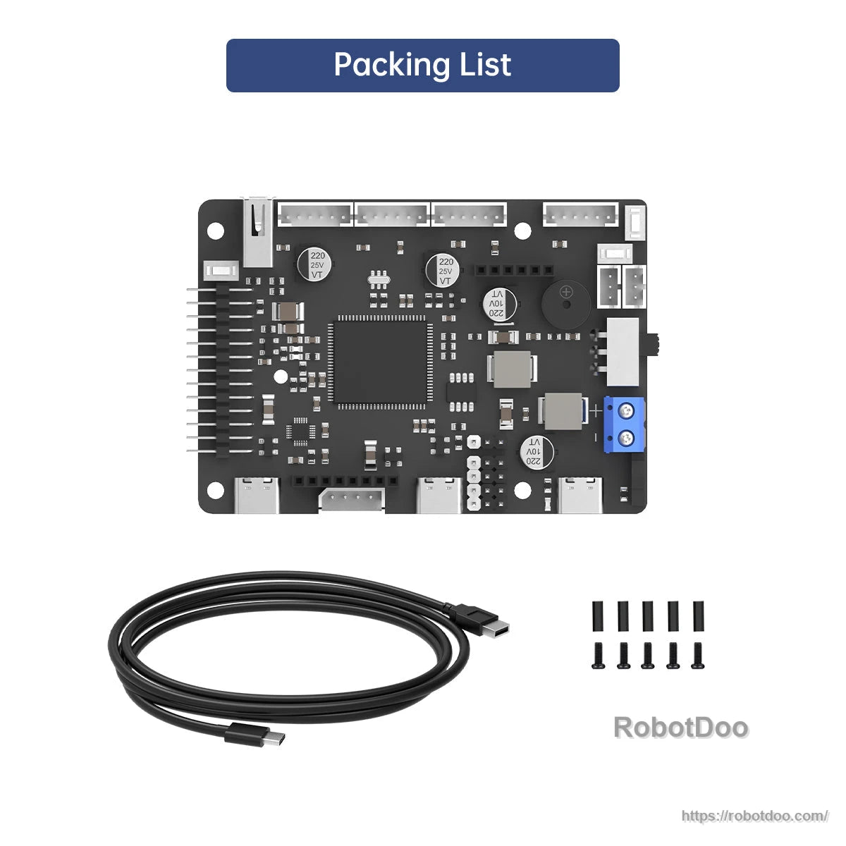 Packing list showing control board, USB cable, and mounting screws included in the box
