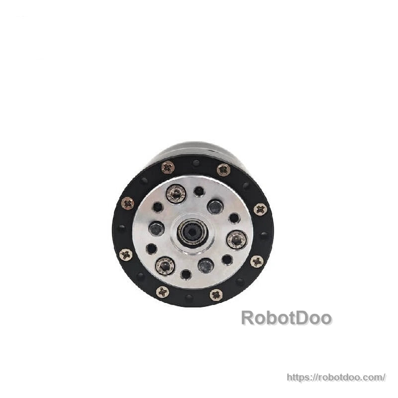 Close-up of metal output flange with center shaft opening and bolt pattern on planetary reducer motor