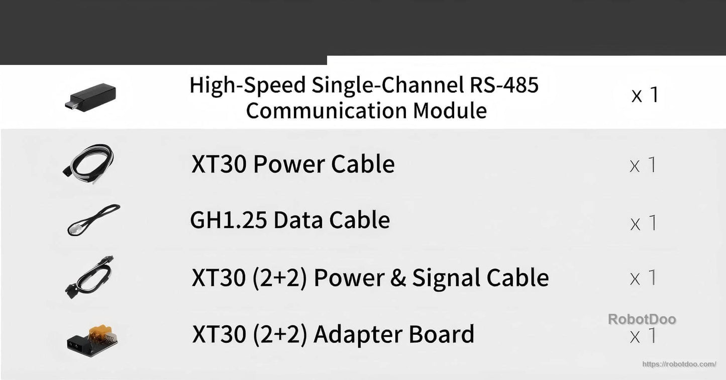 Package contents list: RS-485 module, XT30 power cable, GH1.25 data cable, XT30 power/signal cable, adapter board