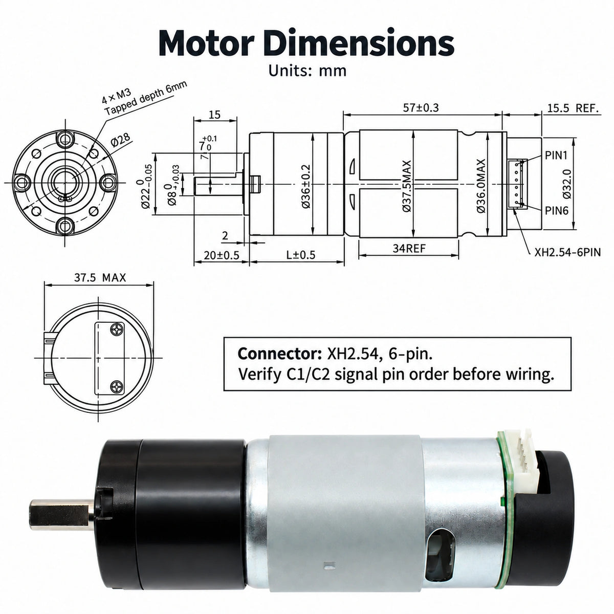 CHIHAI CHP-36GP-555 36mm Planetary Gear Motor with Hall Encoder 12V 24V