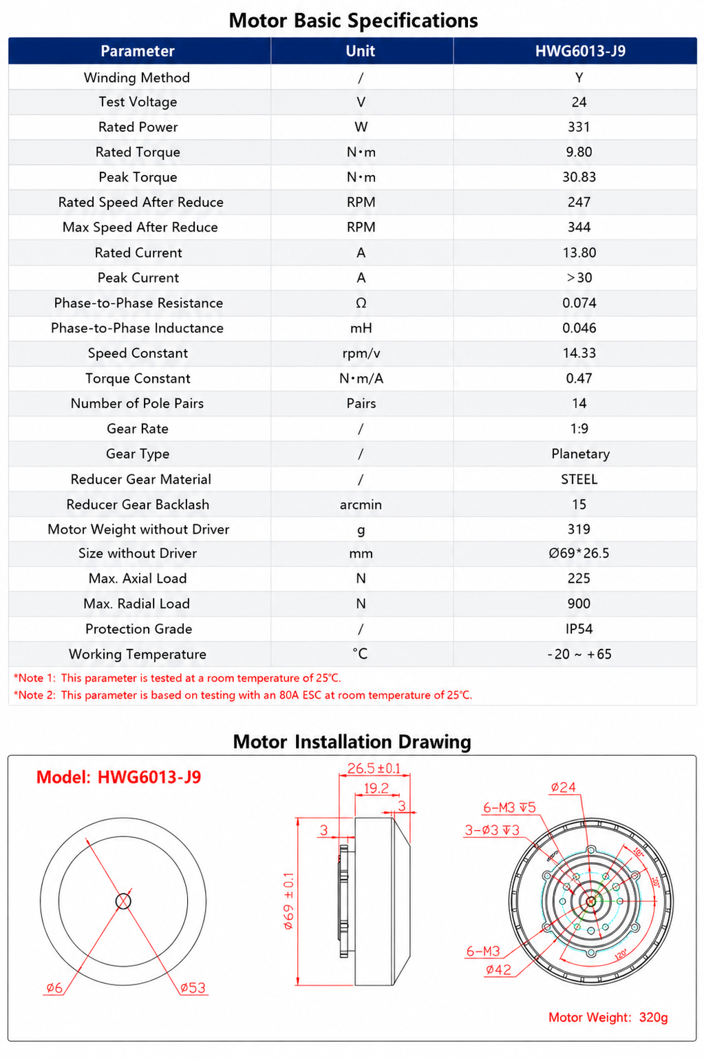 HWG6013-J9 Frameless Brushless Joint Motor with 1:9 Planetary Gearbox 24V