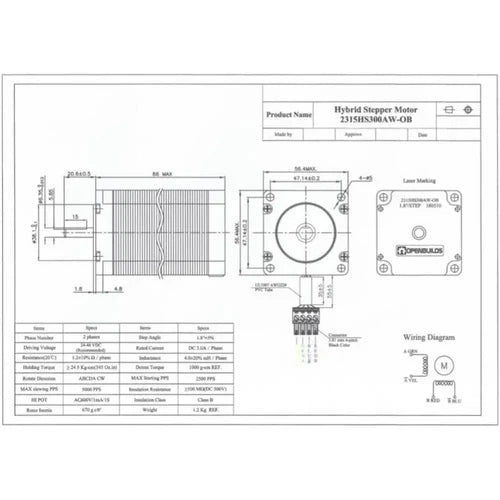 OpenBuilds NEMA 23 High Torque Bipolar Stepper Motor 345 oz-in – 1/4" Shaft, 24-48V DC