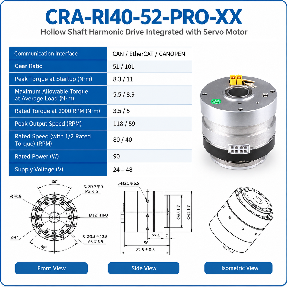 Compact Hollow Shaft Harmonic Drive Robot Joint Actuator RI40-52