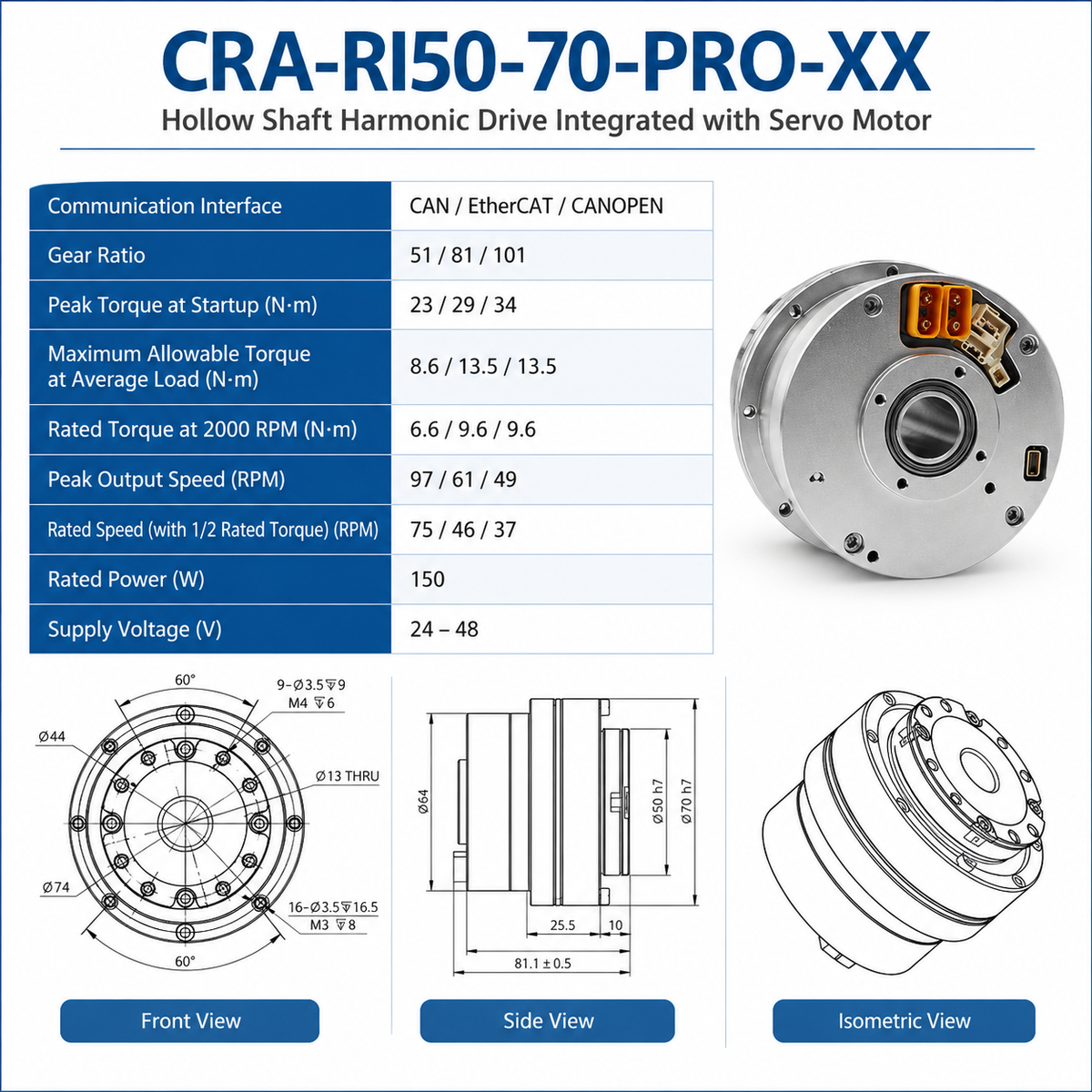 Compact Hollow Shaft Harmonic Drive Robot Joint Actuator RI50-70