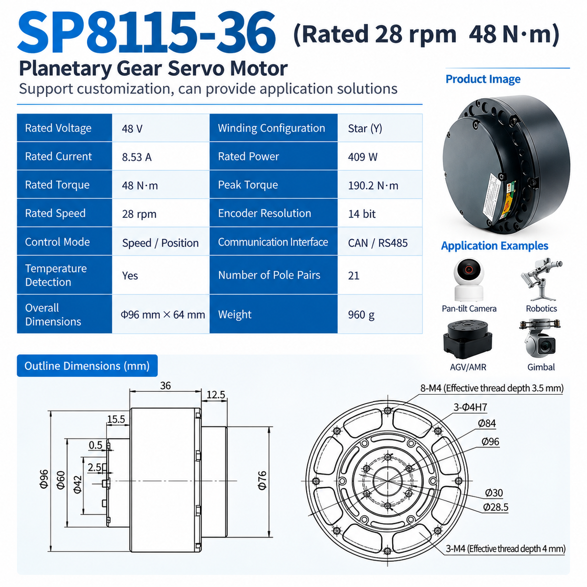 48V 48Nm High Torque Robot Joint Servo Motor 28RPM