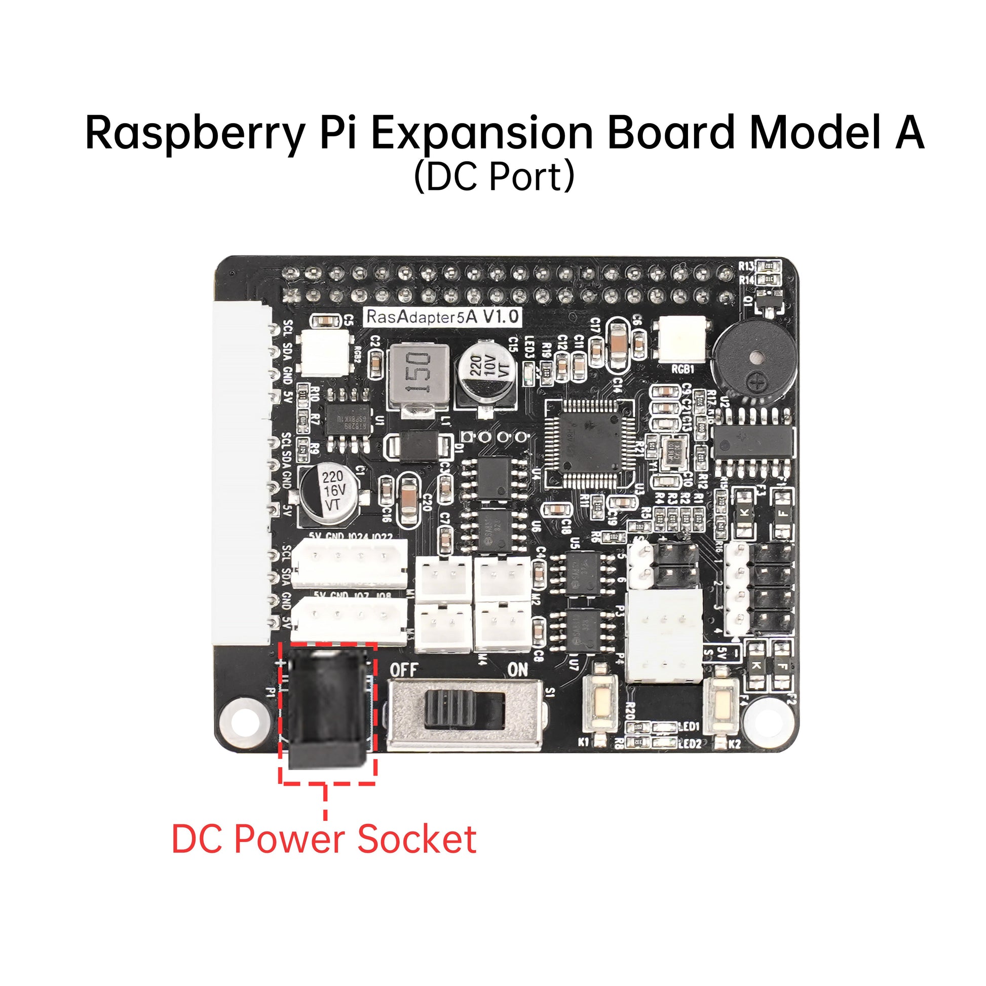 Raspberry Pi 5 expansion board Model A servo motor driver with DC power socket highlighted
