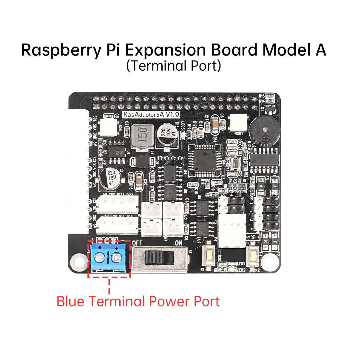 Model A Raspberry Pi 5 adapter board with blue terminal power port highlighted (terminal input version)