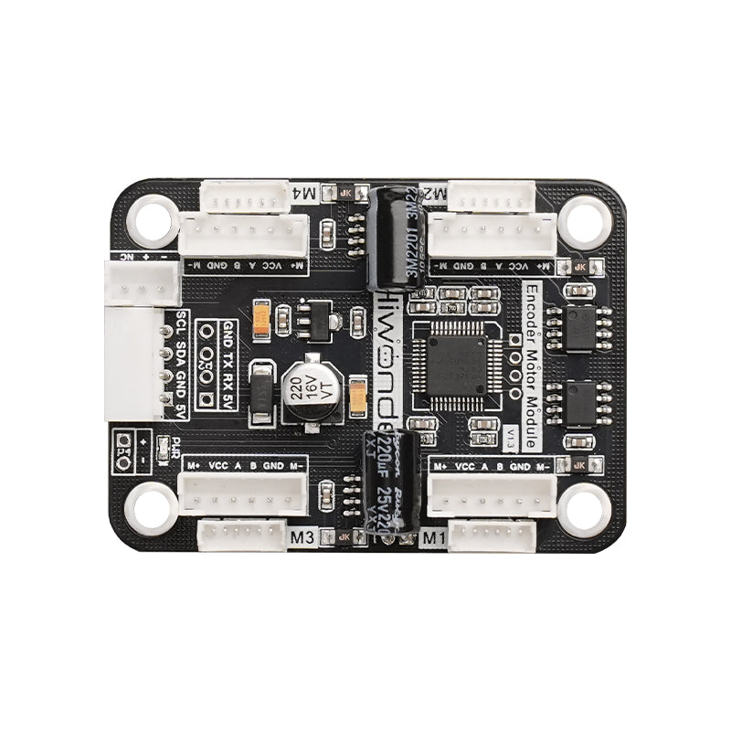 SA8870C 4-channel encoder motor driver board top view with IIC header and M1–M4 motor ports