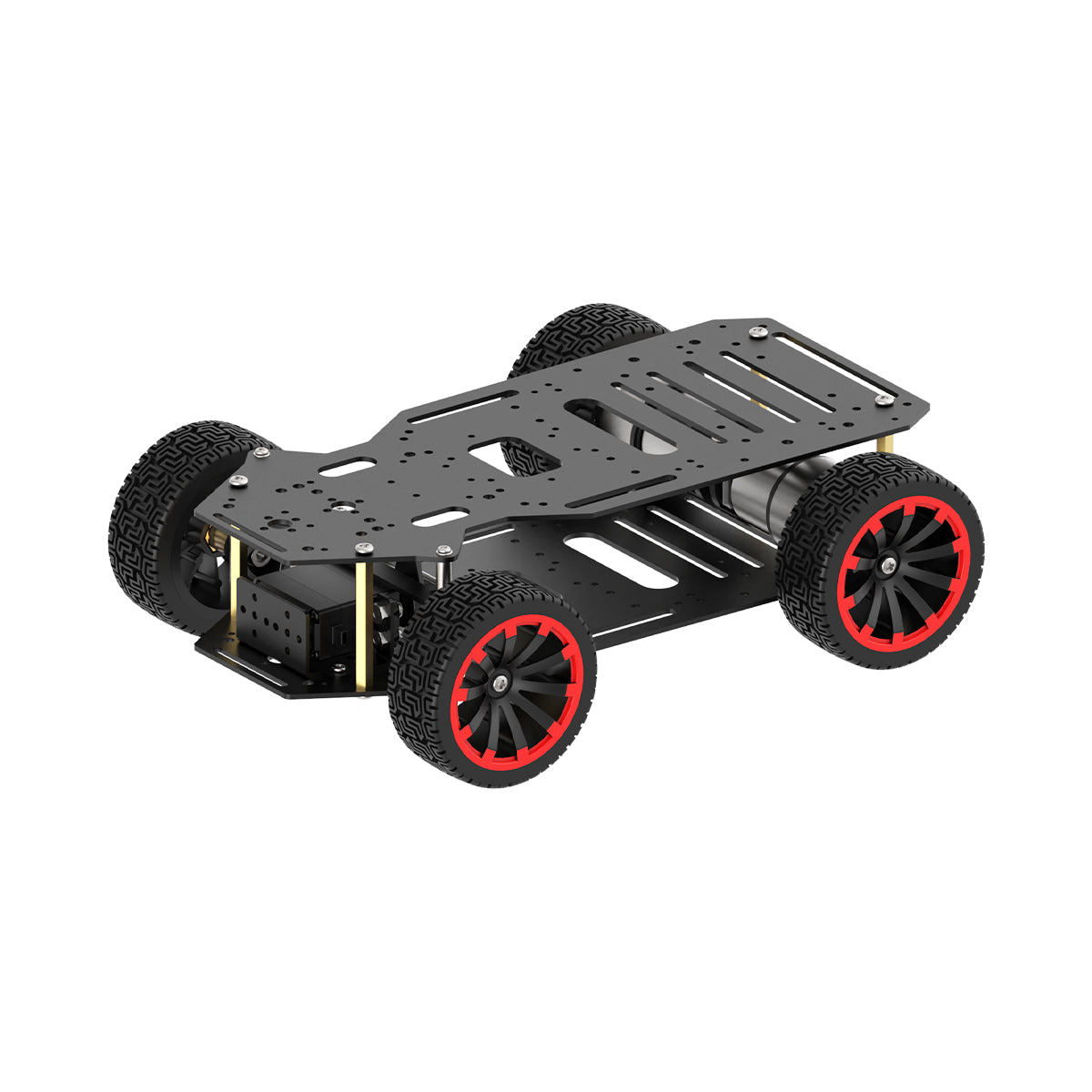 Hiwonder Ackermann Steering Robot chassis with four wheels, angled top view of metal frame