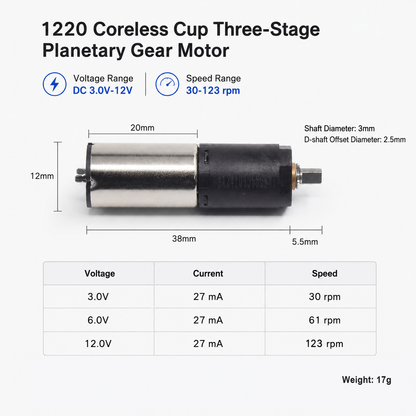 1220 Coreless Planetary Gear Motor DC 3V–12V Micro Metal Gearmotor 30RPM–123RPM High Torque Mini DC Motor