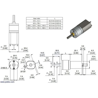 125:1 Metal Gearmotor 20Dx44L 6V CB with Extended Shaft – High Torque Mini DC Motor