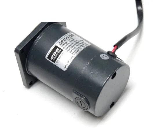 12V DC motor with cylindrical housing, mounting flange, power wires, and visible identification label