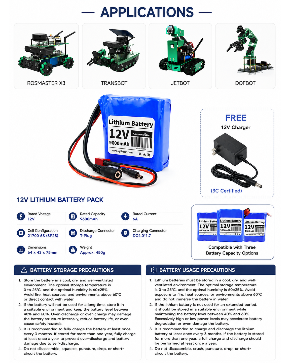 12V  Li-ion Battery Pack for ROS Robots & Smart Robot Cars