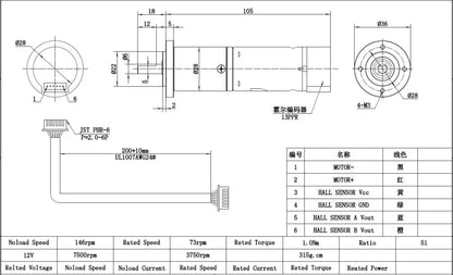 12V DC Motor 146RPM with Hall Effect Encoder – High Torque, Low Noise, Precision Control