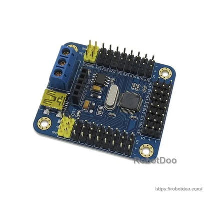 Front view of blue servo controller PCB with numbered PWM pin headers and mounting holes