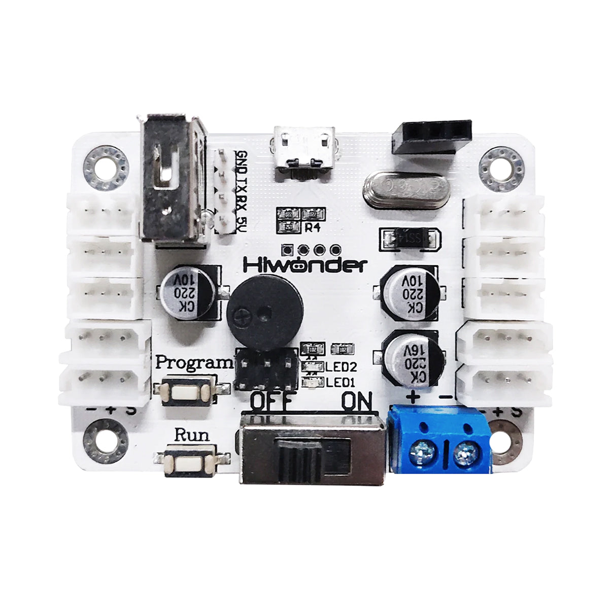 Hiwonder serial bus servo controller communication tester board, top view with micro USB and servo ports