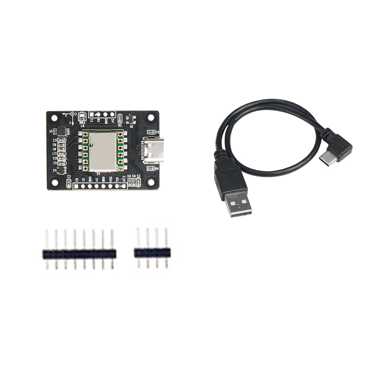 Hiwonder IM10A IMU module package contents: PCB board, USB Type-C cable, and pin headers
