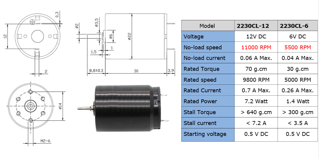 12V DC Coreless Motor 22mm × 30mm – High Speed 11000 RPM Precision Motor for Robotics